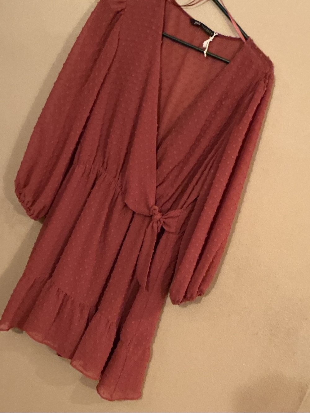 Zara Rust Red Swiss Dot Wrap-Style Dress